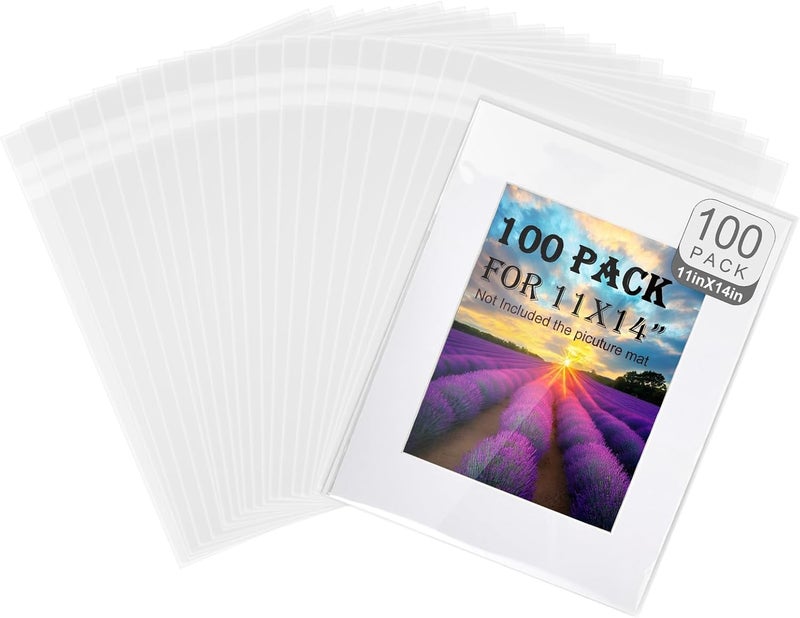 Phiocxem 100 Pack Acid-Free Crystal Clear Sleeves Storage Bags for 11x14 Art Prints/Framing Mat Mattes/Photos/Pictures,11 1/4” X 14 3/8” OPP Plastic Bag (Bag Size: 11 1/4” X 14 3/8”) - Image 1